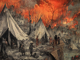 Refugees in the camp, watching the city burn.