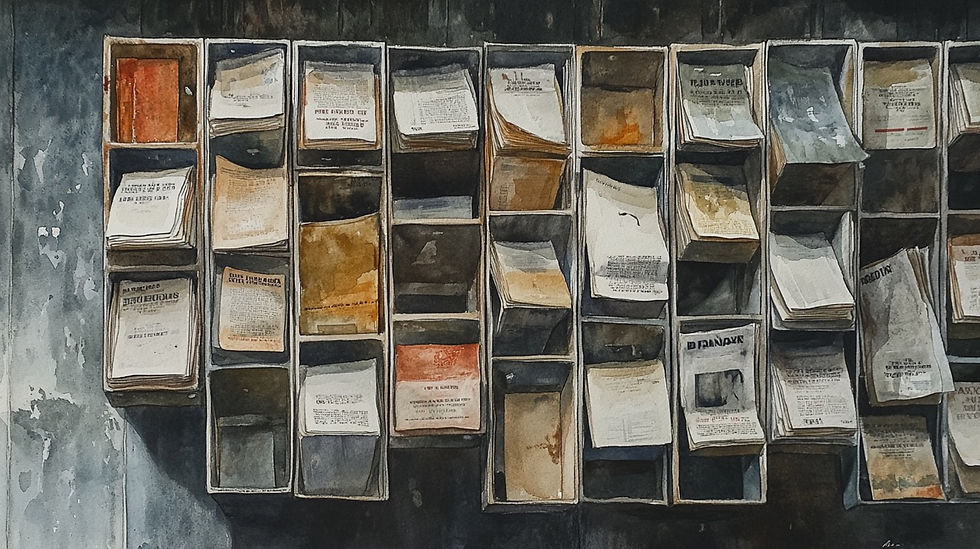 Watercolor of old boxes of print journalism lined up.