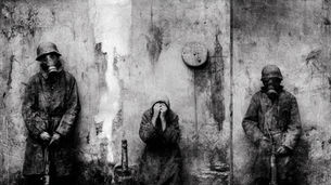 Two men in gas masks with guns, one woman in agony.