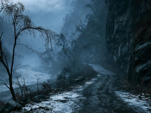 A county road by a river at night in the winter.