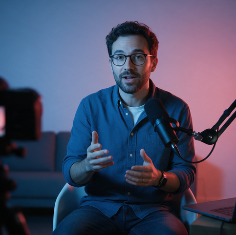 Apresentador conduzindo um webinar em estúdio caseiro com microfone e notebook