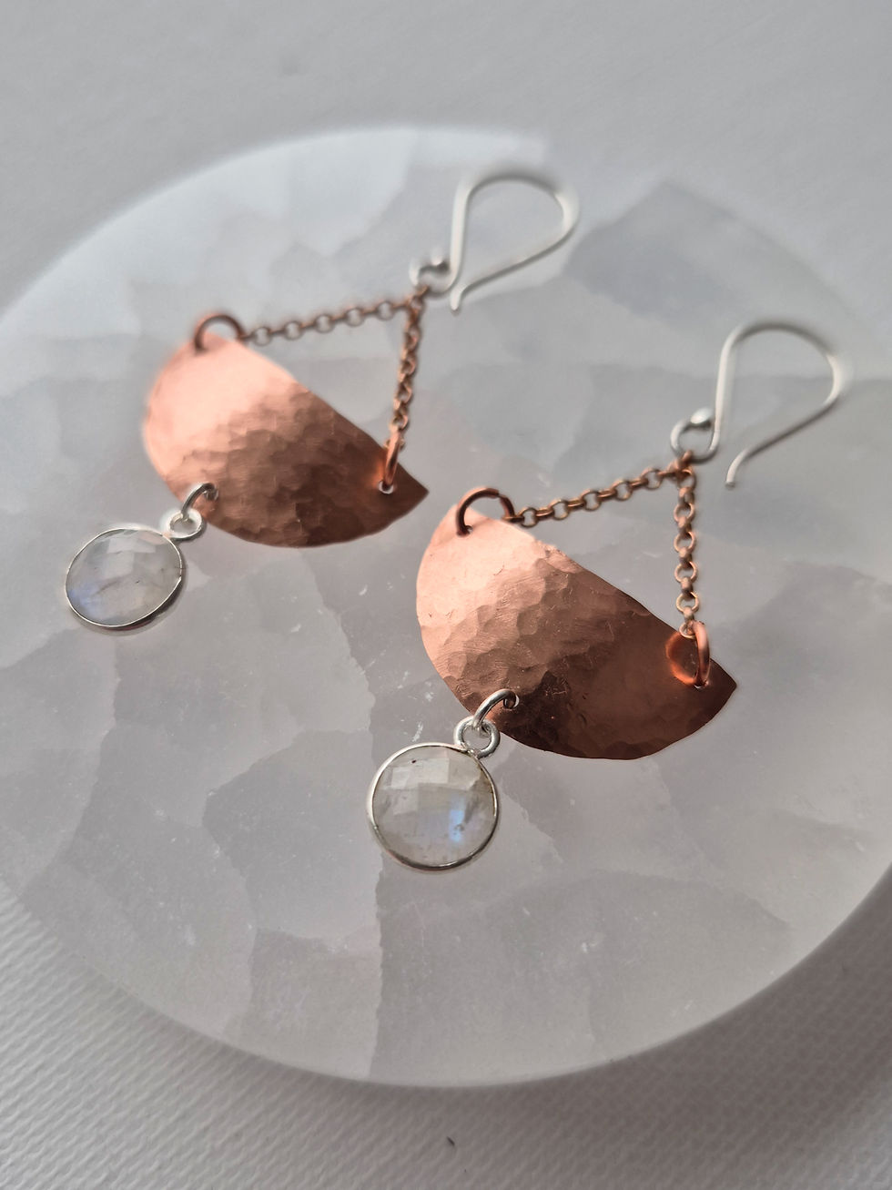 'Amphora' - Handmade Copper + Rainbow Moonstone Earrings