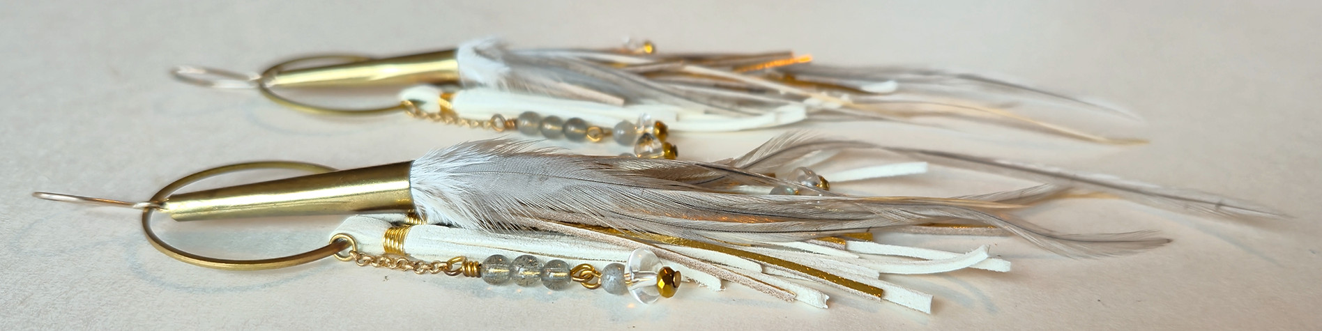 'Winter' - Handmade Leather, Feather, and Gemstone Earrings