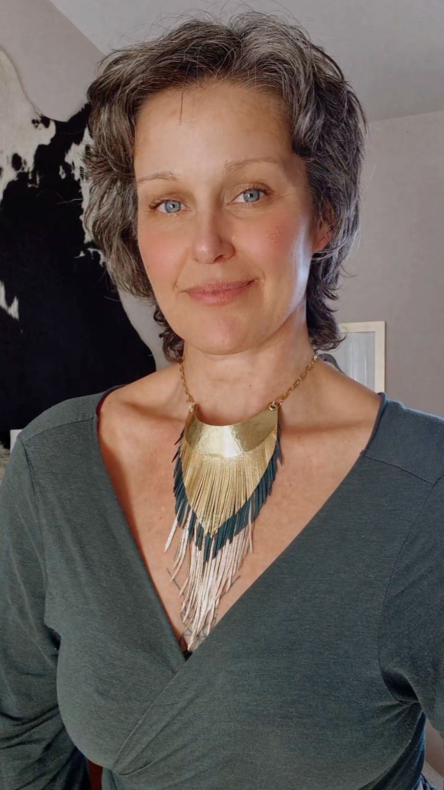 Thumbnail: 'Solid Gold' - Brass, Deep Teal + Metallic Leather Fringe Necklace