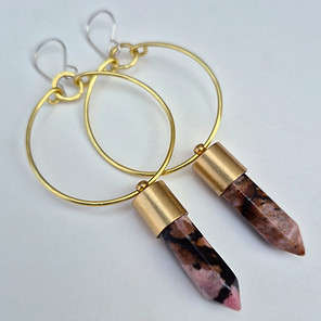 'To The Point' - Rhodonite Gemstones + Brass Hoop Earrings. Corey Jill, handmade jewelry, Winnipeg, Canada.