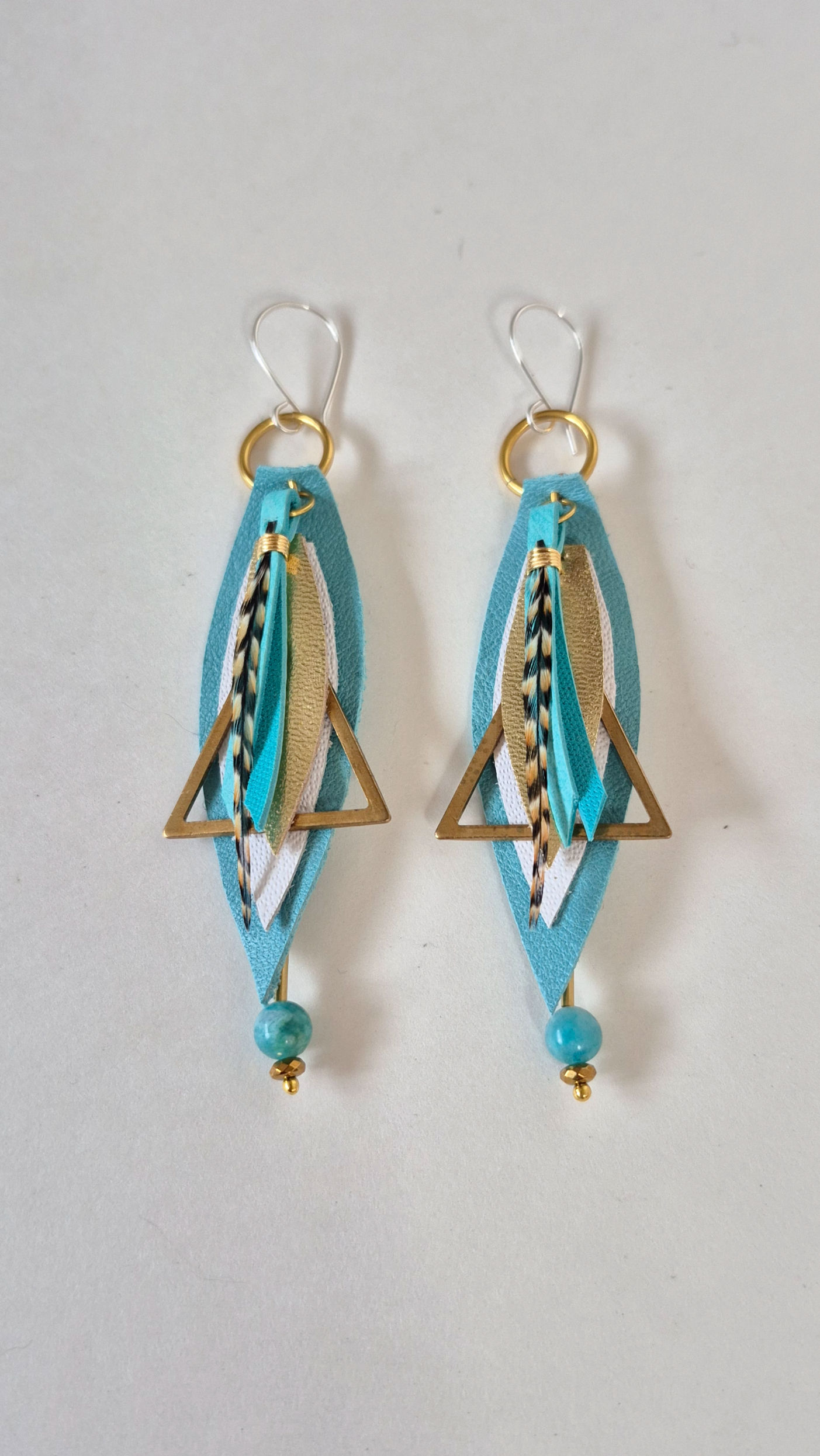 'Summer Love' - Handmade, one-of-a-kind, leather, feather + hemimorphite gemstone earrings