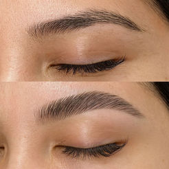 Before and after results of a professional brow service at Lavoom Salon in Calgary, showing enhanced brow shape and definition.