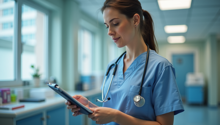 Eye-level view of a nurse reviewing a prescription pad in a clinical setting