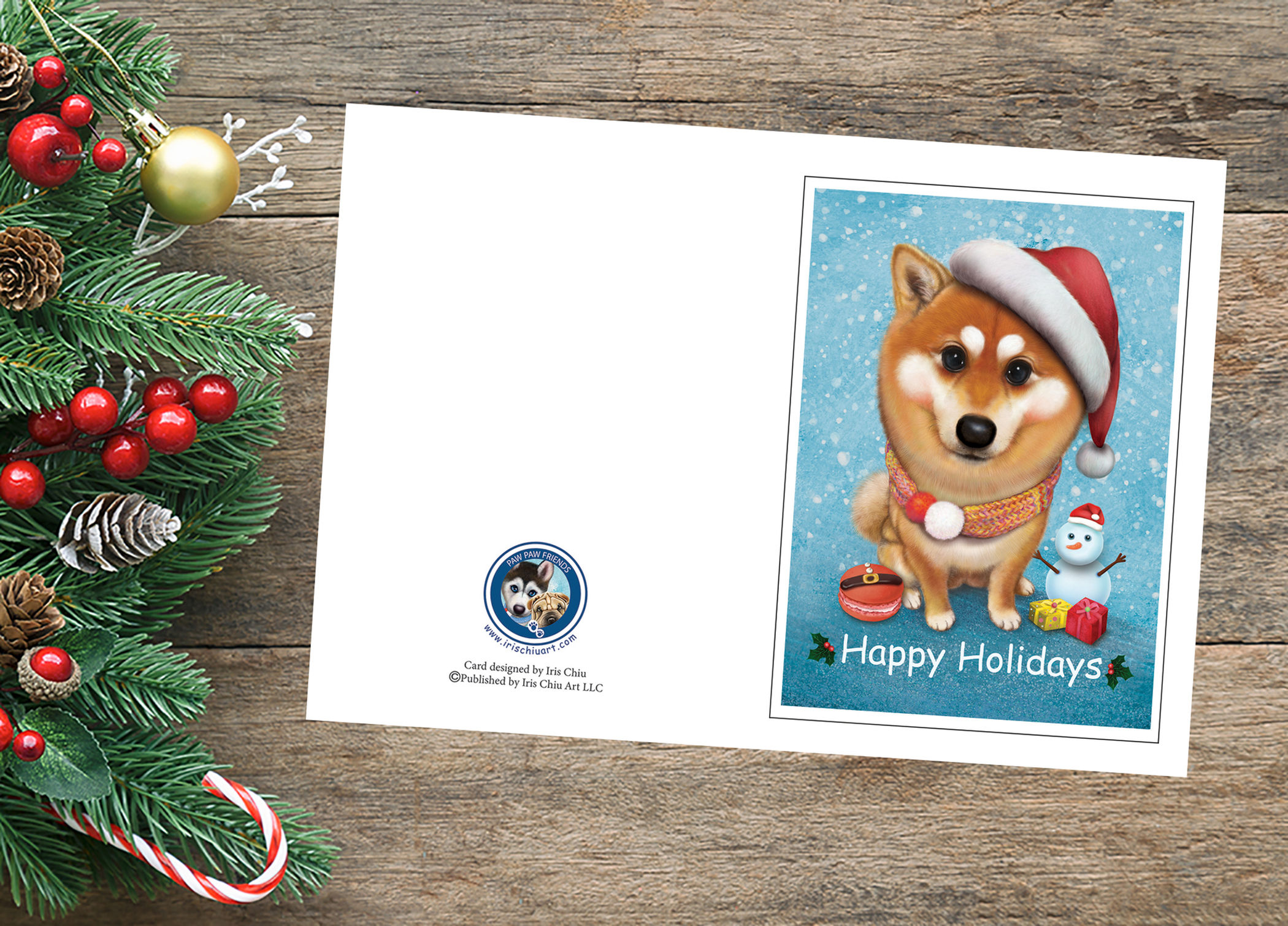 Holiday Card - Shiba Inu Night Hiker - 5x7 Folding Card - Blank Inside