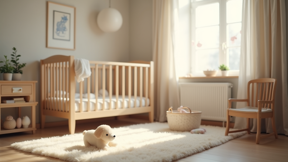 Eye-level view of a cozy nursery with soft lighting and baby essentials
