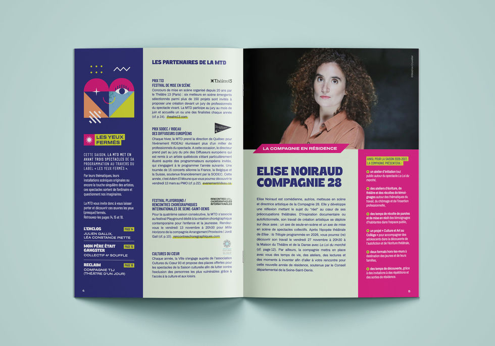 Présentation de la brochure de la saison culturelle de la ville d'Épinay-sur-Seine, pages informations et artiste en résidence