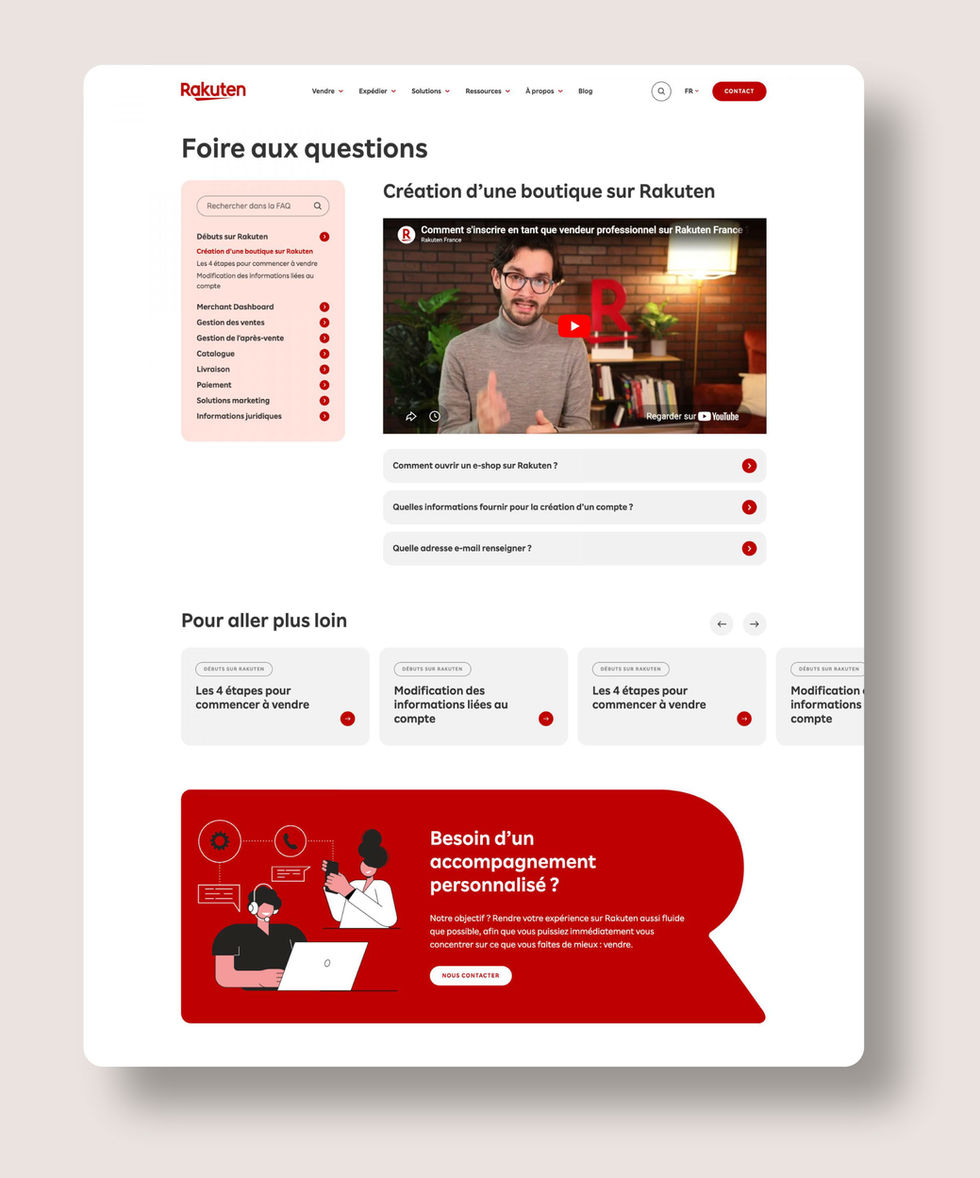 Présentation du webdesign de la page FAQ- Questions fréquentes du site Rakuten France
