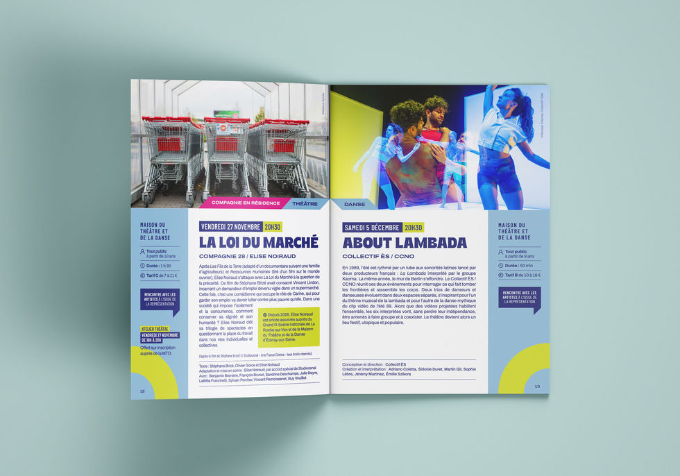 Présentation de la brochure de la saison culturelle de la ville d'Épinay-sur-Seine, pages présentation de spectacles de la maison du théâtre et de la danse