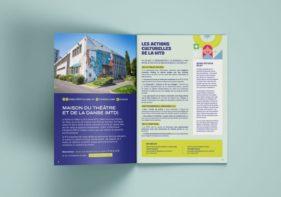 Présentation de la brochure de la saison culturelle de la ville d'Épinay-sur-Seine, pages chapitre et informations