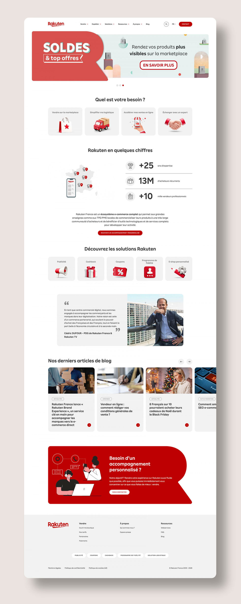 Présentation du web design de la page d'accueil du site Rakuten France