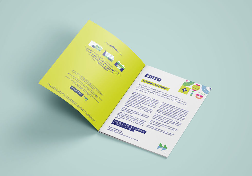 Brochure ouverte de la saison culturelle de la ville d'Épinay-sur-Seine, pages de la deuxième de couverture et édito
