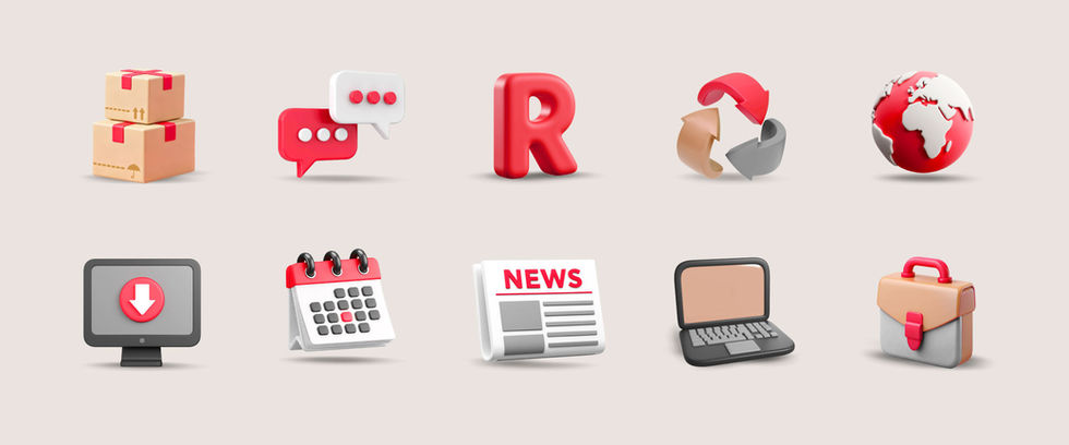 Set d'icônes en 3D pour le site Rakuten France : livraison, contact, rakuten, international, téléchargement, événement, actualités, compte, professionnel