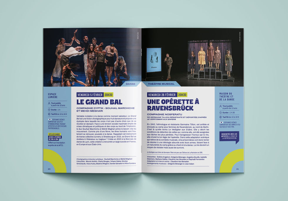 Présentation de la brochure de la saison culturelle de la ville d'Épinay-sur-Seine, pages présentation de spectacles de la maison du théâtre et de la danse
