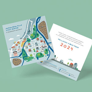 carte de voeux représentant un plan de la ville stylisée avec de petites illustrations des bâtiments et lieux remarquables