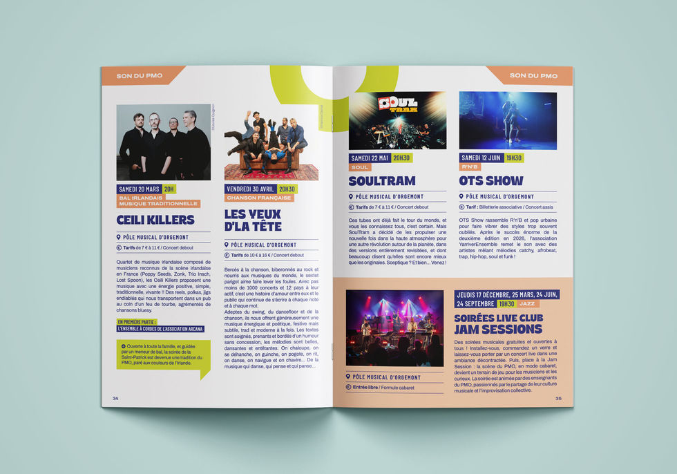 Présentation de la brochure de la saison culturelle de la ville d'Épinay-sur-Seine, pages présentation de spectacles du PMO