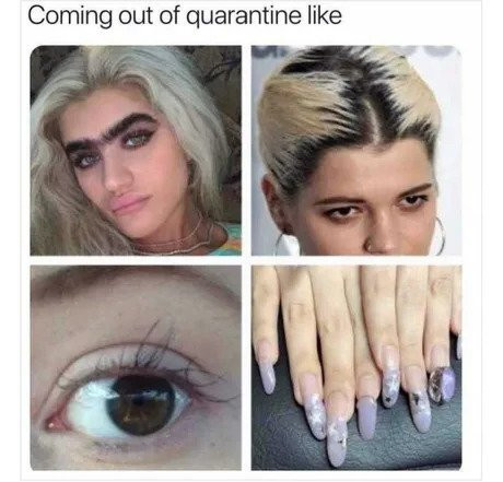 A meme with four images of women with roots, overgrown brows, sparse lashes, and ratchet nails