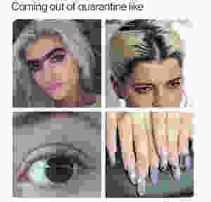 A meme with four images of women with roots, overgrown brows, sparse lashes, and ratchet nails