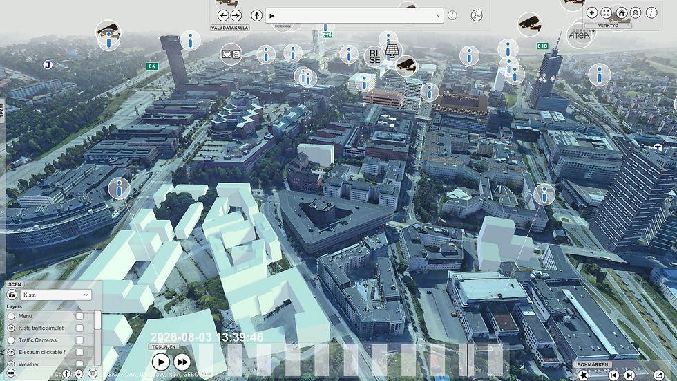 Digital tvilling av Kista med byggnader, informationsikoner och trafikverktyg; tidslinje 2028-08-03 13:39:46 syns.