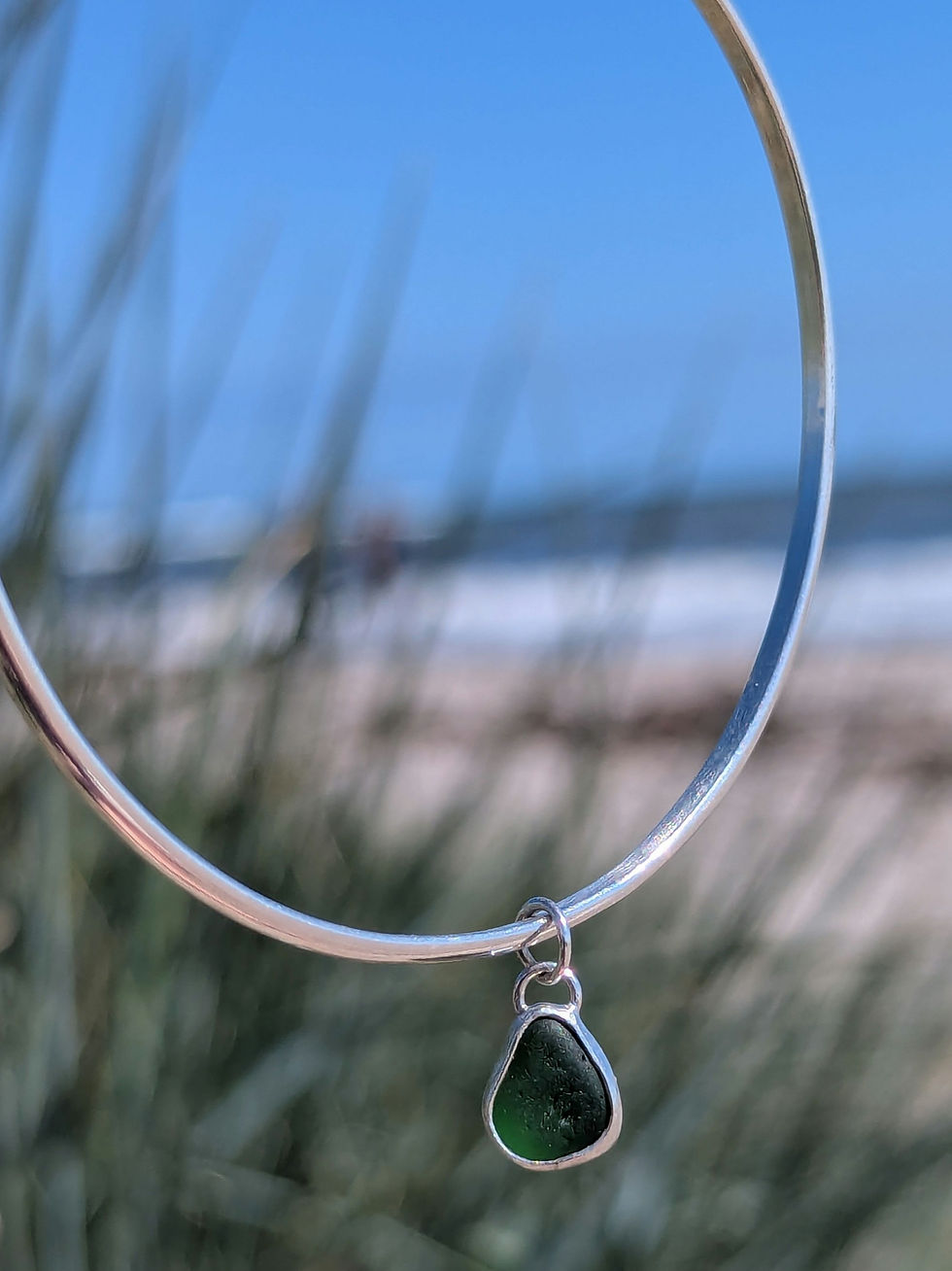 Thumbnail: Green sea glass sterling silver charm bangle, size medium