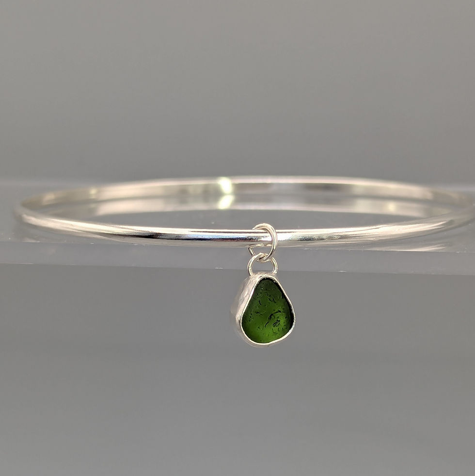 Thumbnail: Green sea glass sterling silver charm bangle, size medium
