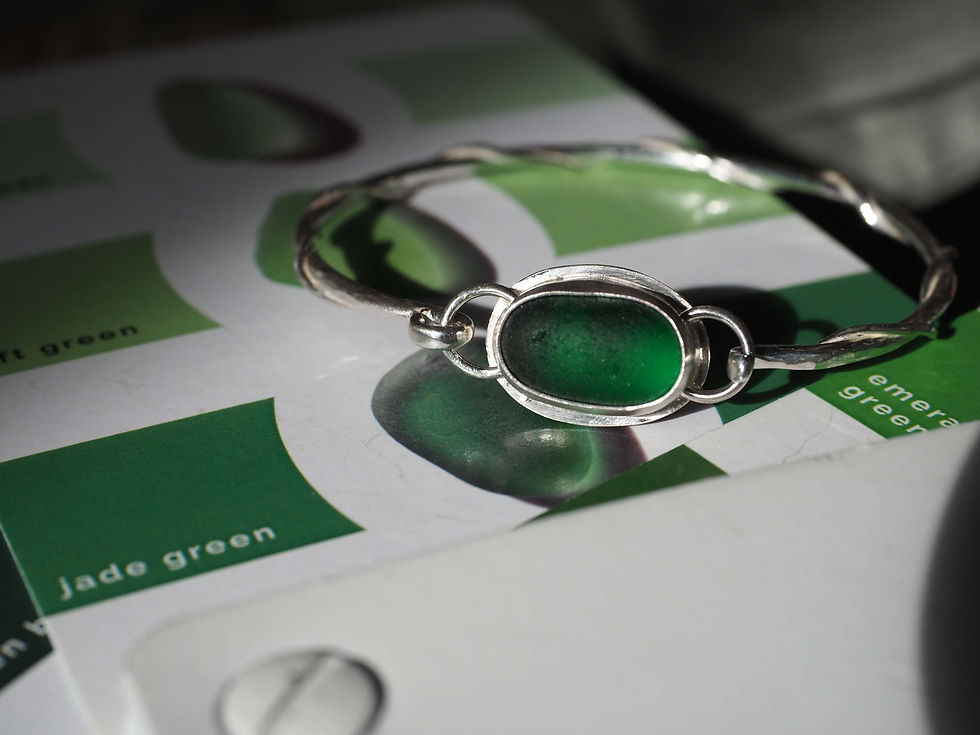 Thumbnail: Green sea glass, silver hook bangle, twisted hammered 925 tension bracelet