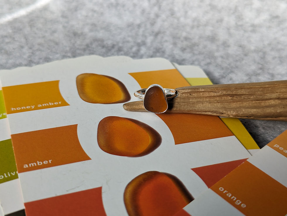 Thumbnail: Honey amber sea glass and recycled silver ring Size UK N,US 6.75