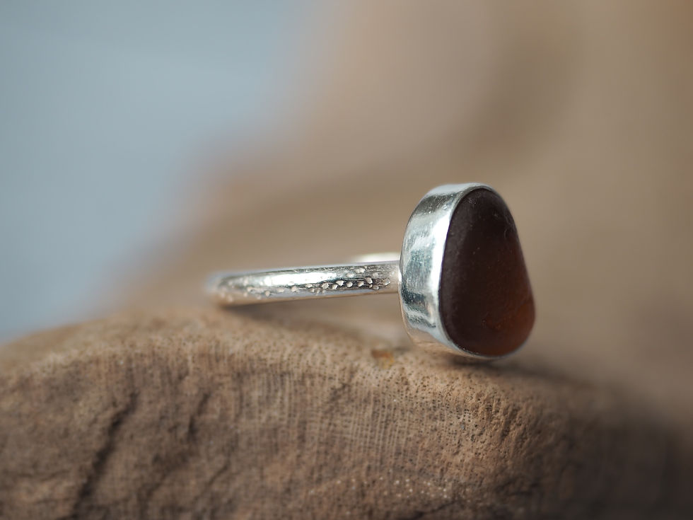 Thumbnail: Honey amber sea glass and recycled silver ring Size UK N,US 6.75