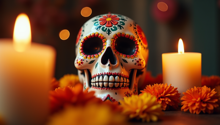 Eye-level view of a sugar skull altar decorated with candles and marigold flowers