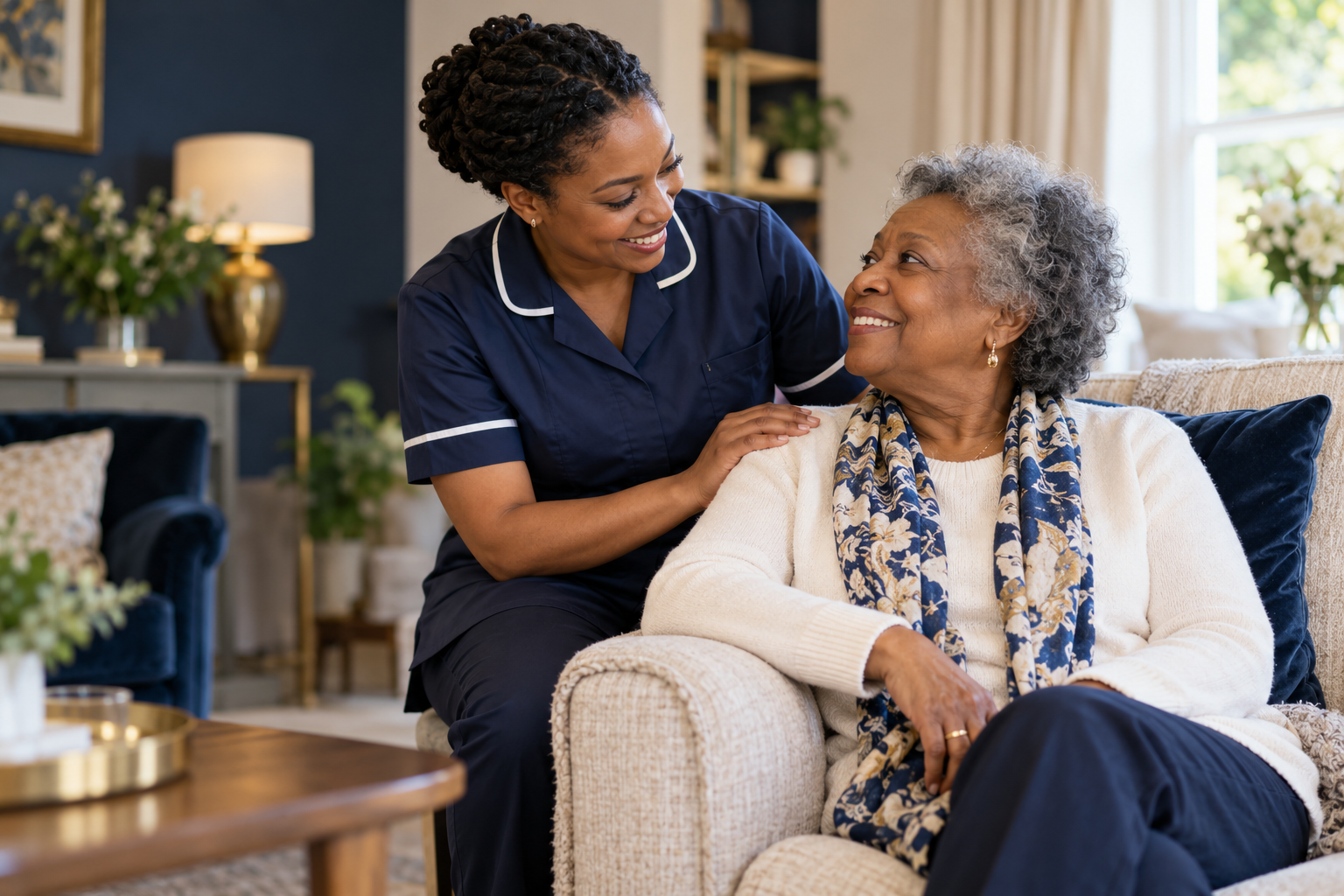 Professional Primus Medical care worker supporting an older woman at home