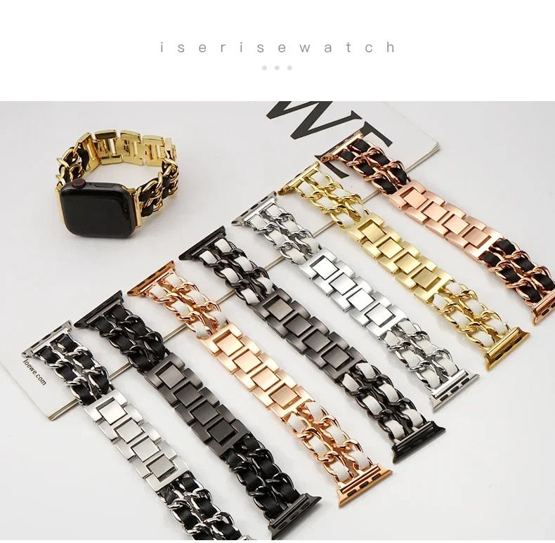 Thumbnail: Elegant Stainless Steel Leather Bracelet - Versatile Apple Watch Band