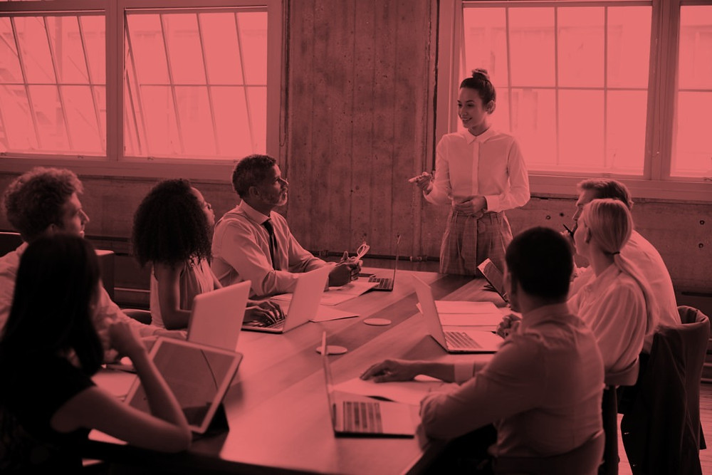 A woman stands at the head of the conference table addressing her colleagues in a board meeting.