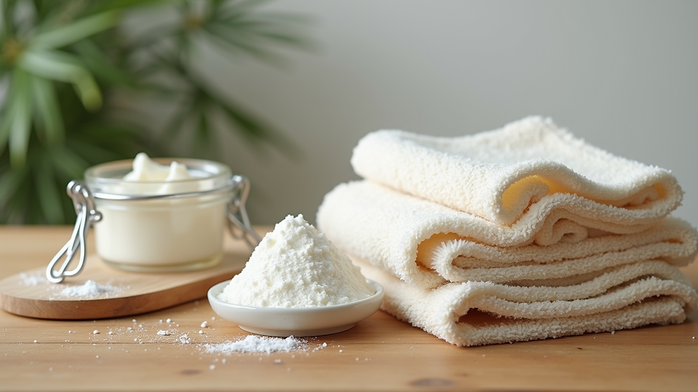Close-up view of reusable microfiber cloths and natural cleaning ingredients on a wooden table