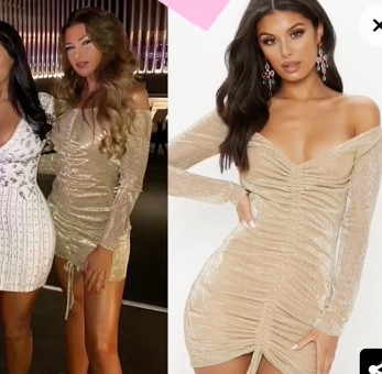 gold metallic plisse ruched front bardot bodycon dress