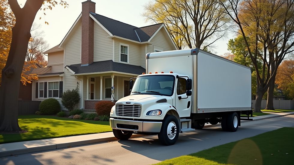 High angle view of a moving truck parked outside a residential home