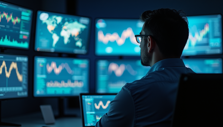 Eye-level view of a security analyst monitoring multiple data screens in a control room