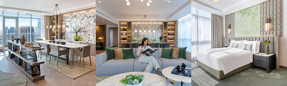 Luxury apartment interiors: dining room, woman reading on sofa, and serene bedroom with city views; books labeled CHANEL and WATER.