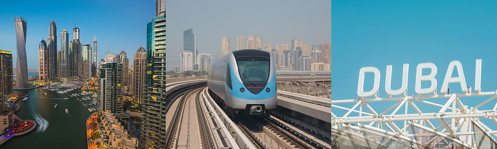 Dubai skyline with skyscrapers at dusk, a metro train on elevated tracks, and a clear blue sky featuring the word "DUBAI" in bold white.
