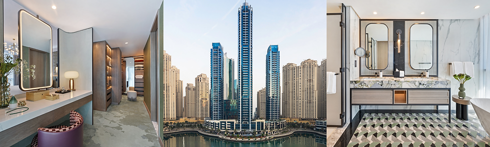 Collage of a luxury apartment interior and marble bathroom beside blue high-rises over water in a calm, modern setting.