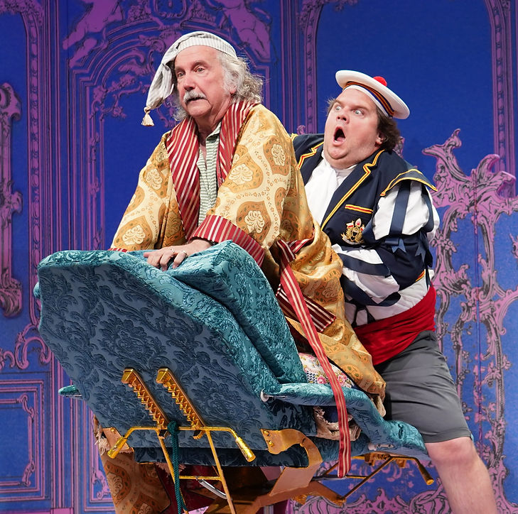 Mark Linn-Baker (Argan) and Russell Daniels (Thomas Diafoirus) in Molière’s The Imaginary Invalid, a Red Bull Theater production directed by Jesse Berger. Photo: Carol Rosegg