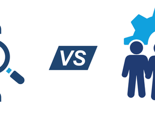 Magnifying glass hovering over one person out of a crowd vs. multiple people working as a team