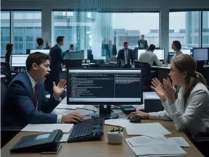 Busy office space with two co-workers at a desk sitting across from one another, looking frustrated and angry