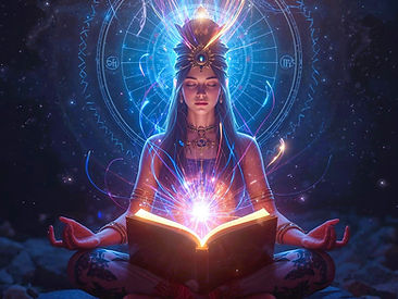 chamane jeune femme belle en position méditative assise qui observe un livre de connaissan