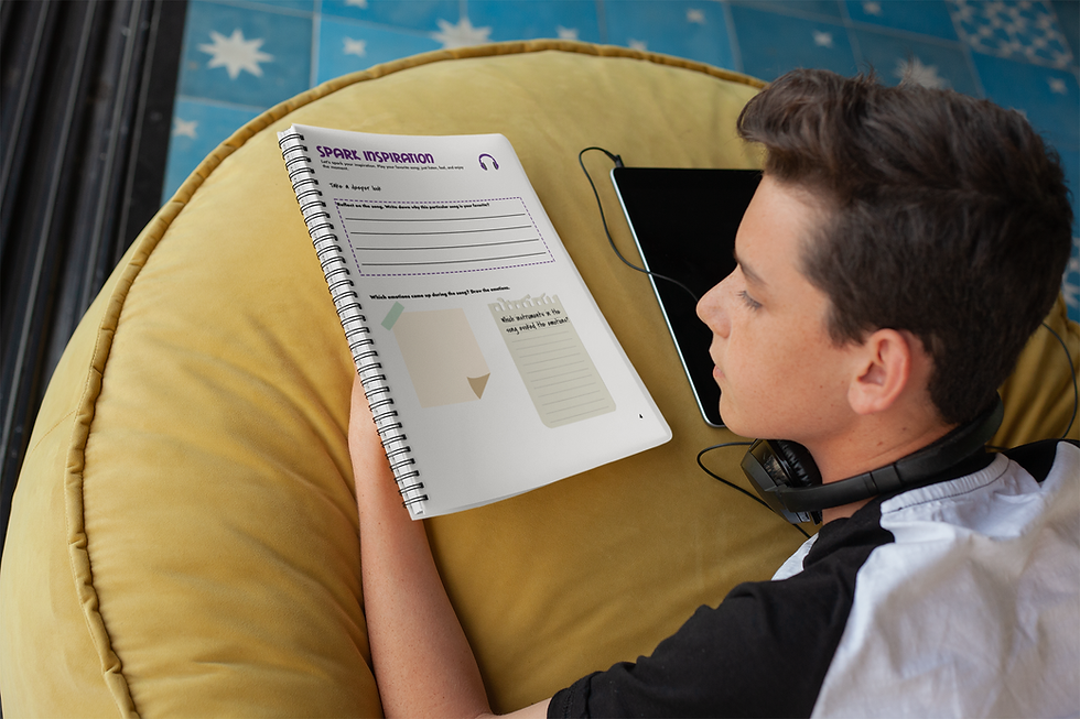Thumbnail: Boy looking at inside of Musician's Addition Practice Book