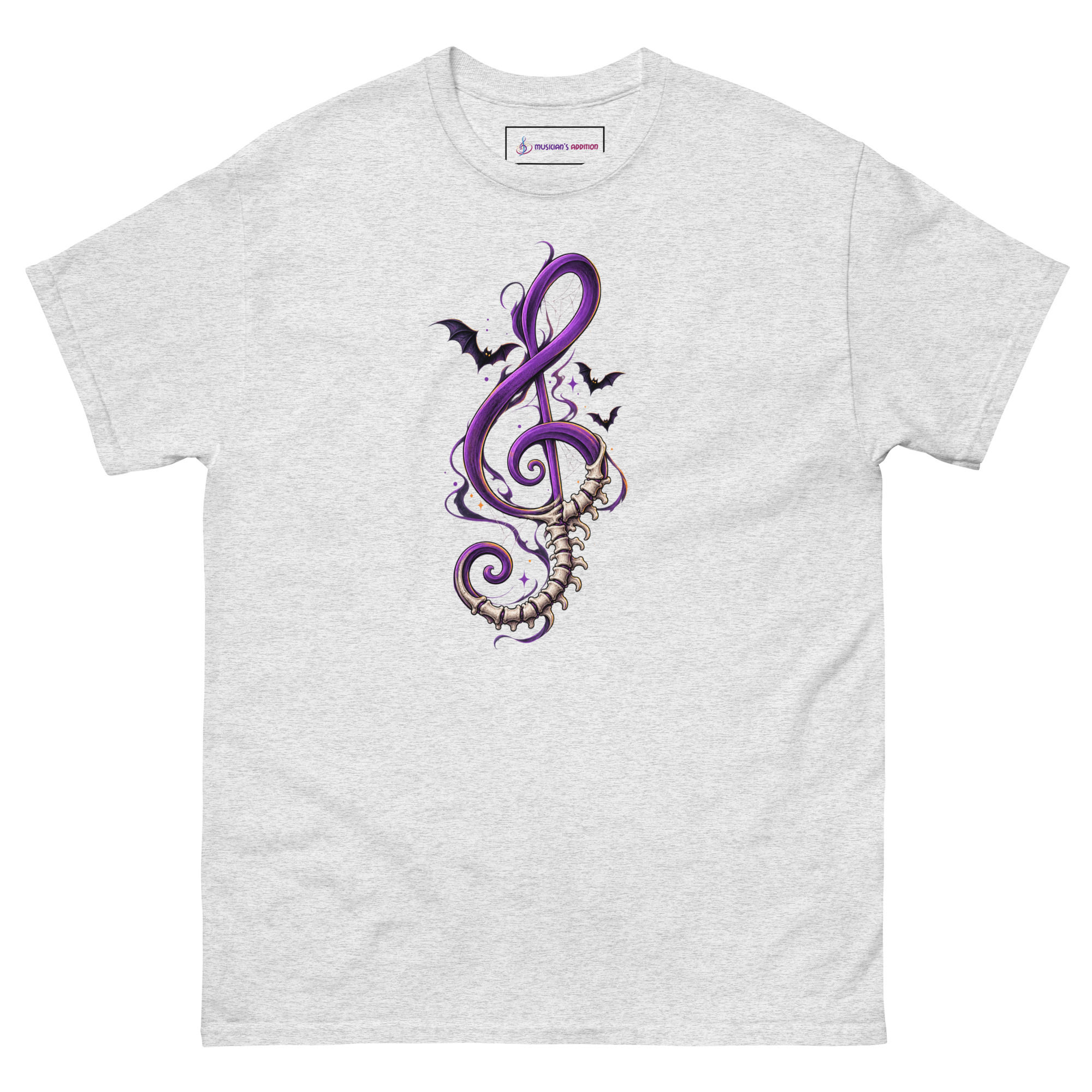 Haunted Treble Clef Halloween music T-shirt with purple treble clef, skeleton spine and bats