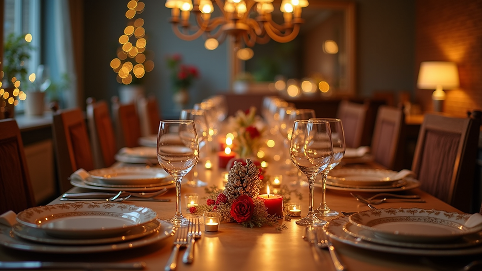 Eye-level view of a beautifully set dining table for a festive gathering